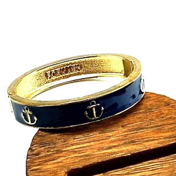 Fornash Hinged Bracelet Navy Blue Enamel & Gold Anchor Design - Picture 2 of 16